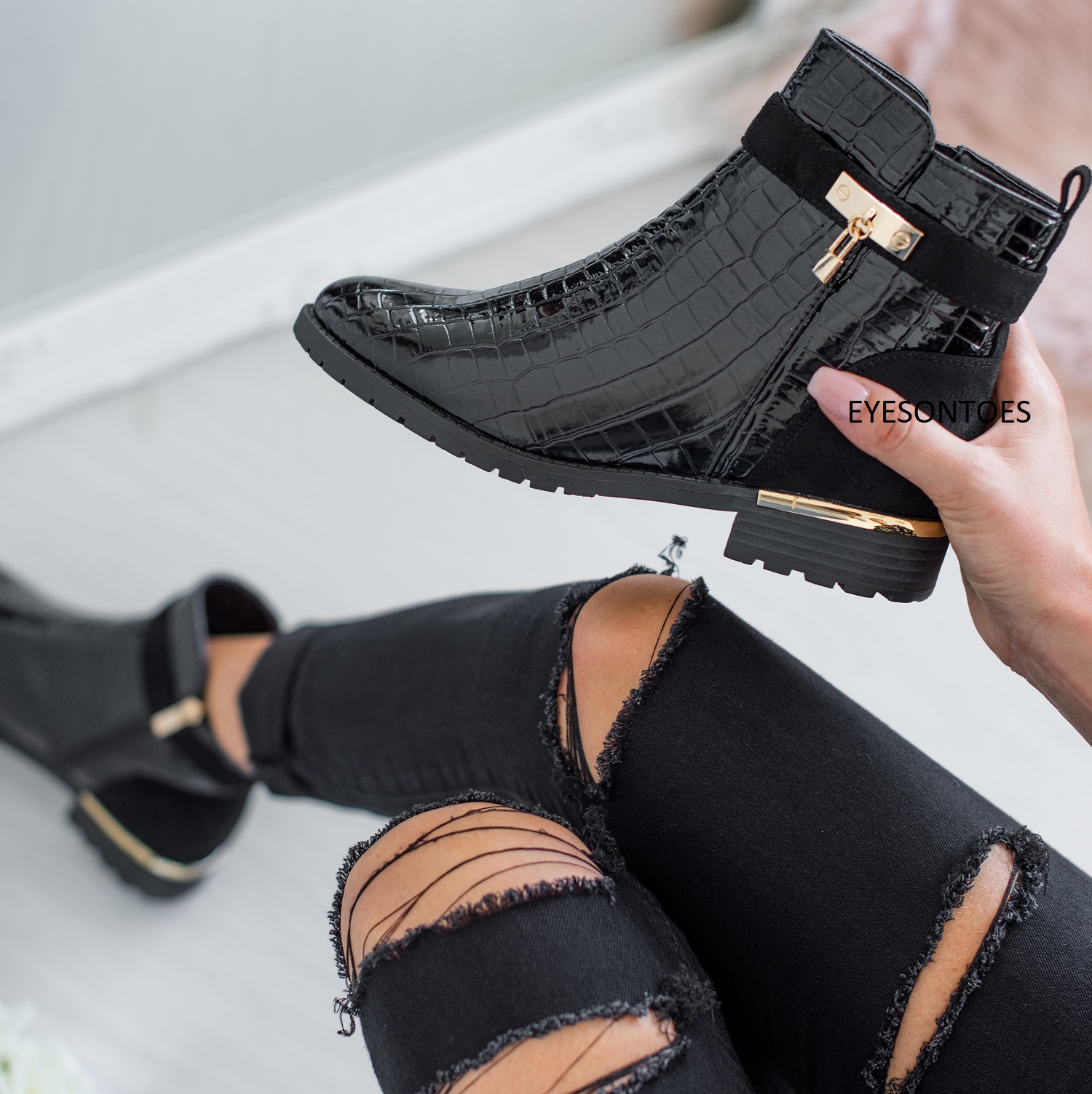 flat croc ankle boots
